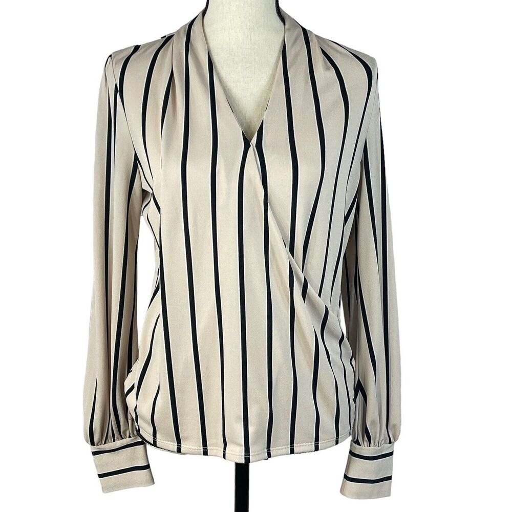 Adrianna Papell Small Top Long Puff Sleeves Striped V-Neck Stretch Beige Black
